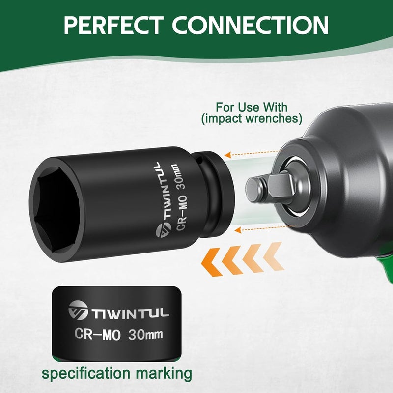 TIWINTUL 30mm Deep Impact Socket 1/2 Inch Drive, CR-MO Steel Impact Socket, 3.07" Length, 6 Point Design, Metric Size, Axle Nut Socket for Easy Removal of Axle Shaft Nuts - Image 5